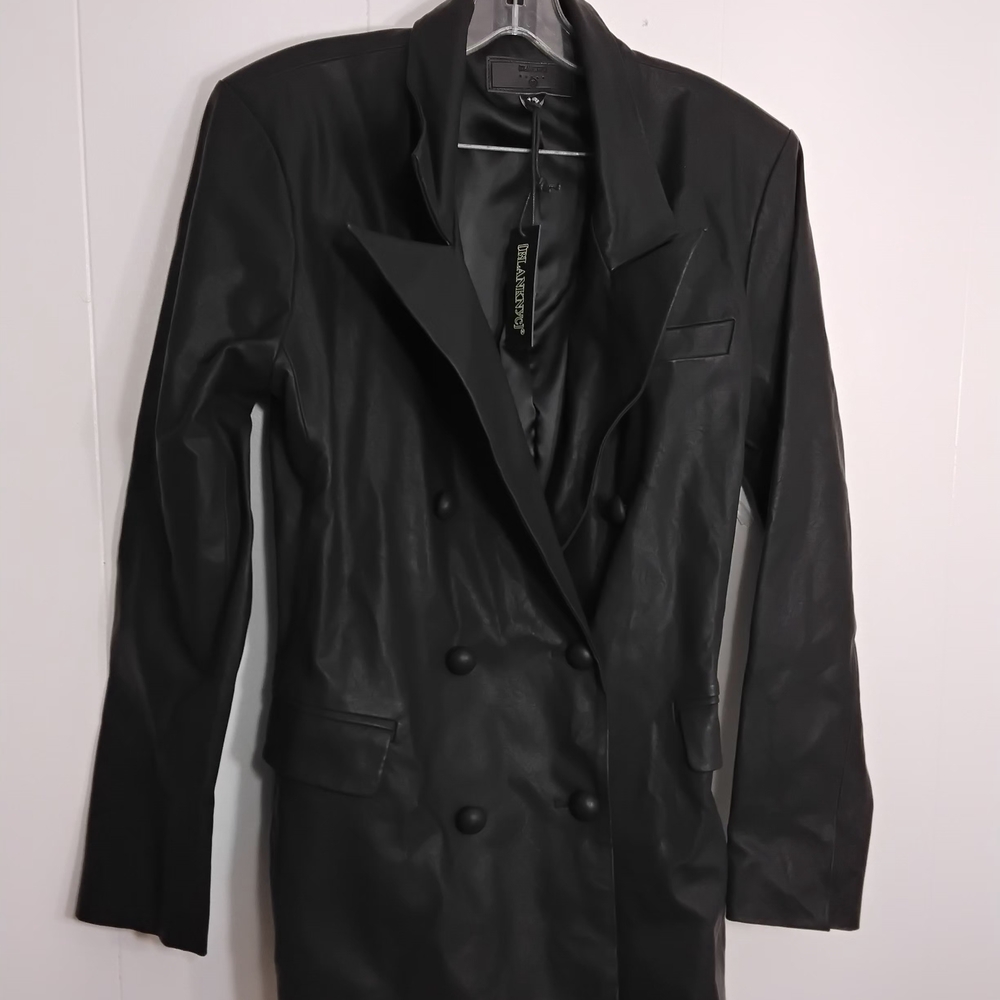 Blank NYC Black Double-Breasted Faux Leather Blazer